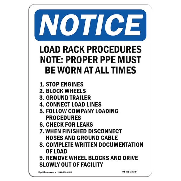 Safety Sign, OSHA Notice, 5" Height, Load Rack Procedures Note Proper Sign, Portrait, 10PK
